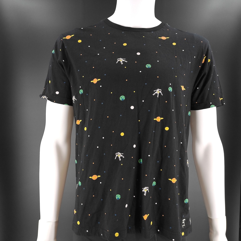 Denim & Flower Ricky Singh Mens Large Black Space Astronaut Planet  T-Shirt
